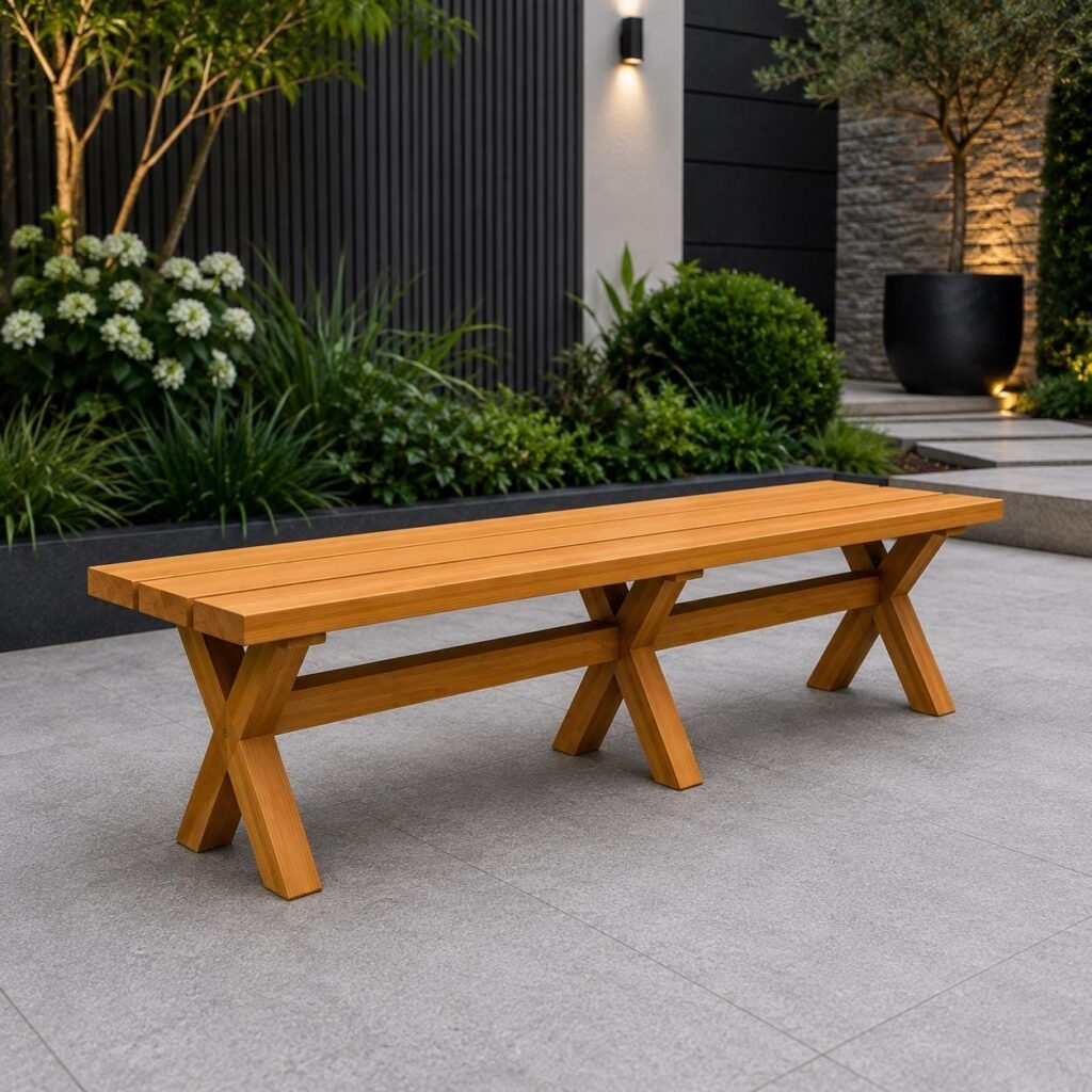 Outdoor Patio Bench Woodworking PDF Plan | Modern Farmhouse X-Leg Garden Bench | Easy Wooden Ba