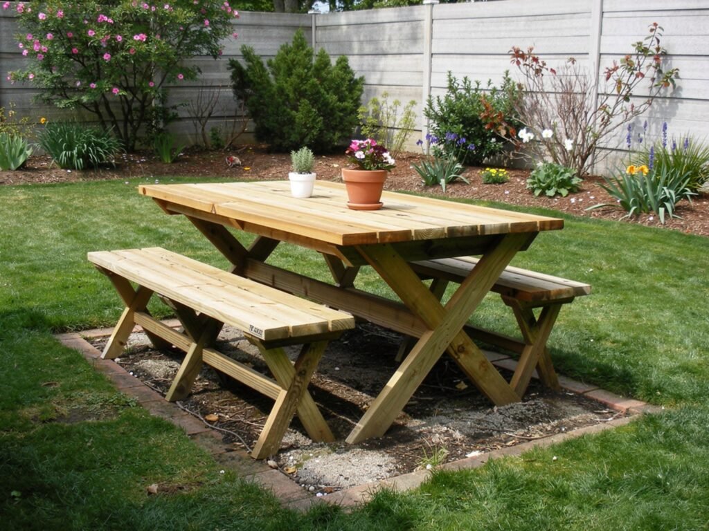 Patio Table benches Plan PDF | Outdoor Garden Picnic Table woodworking Plan