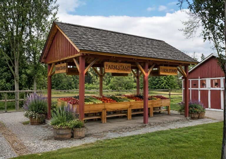 FarmStand Plans with Display Stands, 22×15 Covered Roadside Produce Market Pergola, Farmers Mar