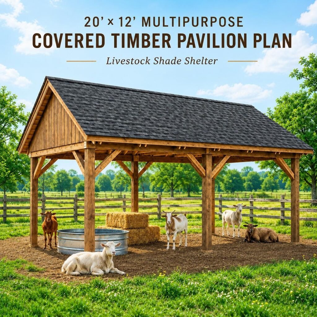 20×12 Covered Timber Pavilion Plans, Livestock Shelter, Farm Stand or Outdoor Dining  PDF Guide