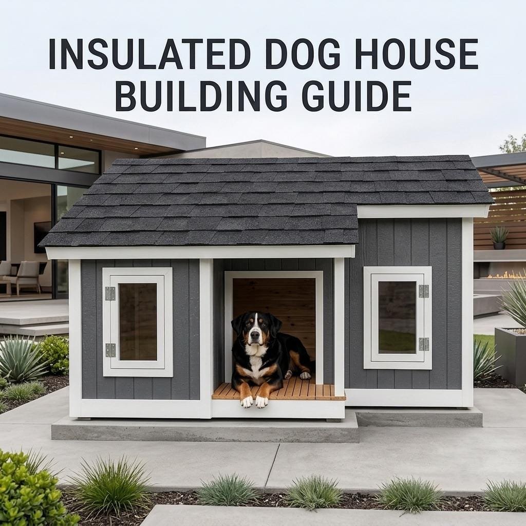 Modern Insulated  Two Room Dog House Plans, Outdoor Pet Shelter, Large Wooden Kennel Building G