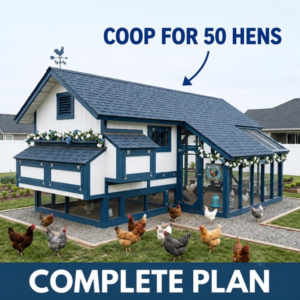 Extra Large Walk-In Chicken Coop Plans for 50 Hens, DIY Poultry Shed Woodworking Plan (PDF Down