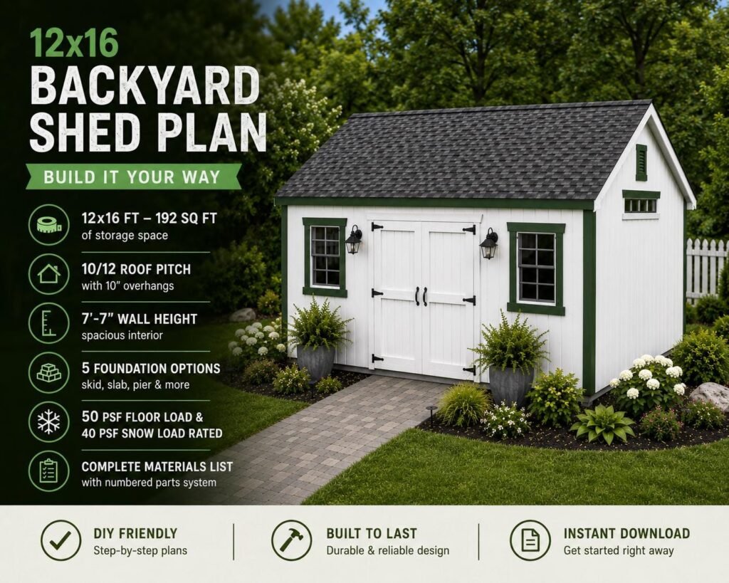 12×16 Gable Garden Shed Plans –  DIY Storage Shed Building Blueprint (PDF Download)