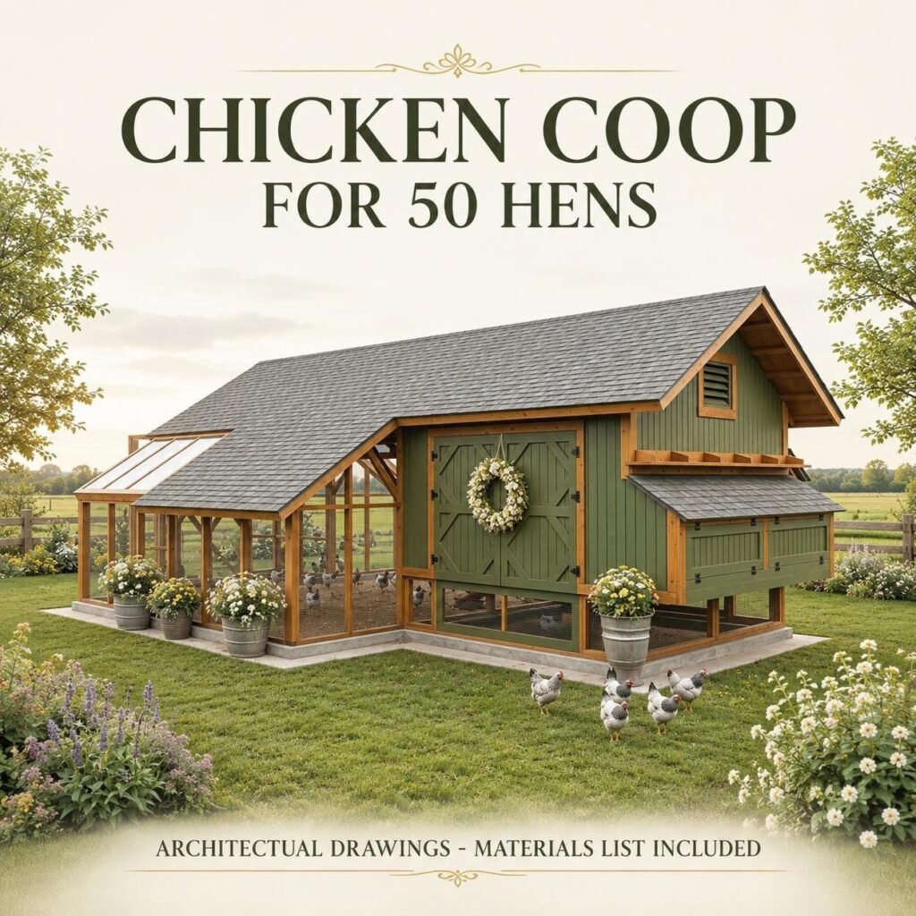 50 Chicken Coop Plans with Run, Extra Large Walk-In Poultry House Shed, DIY Woodworking En