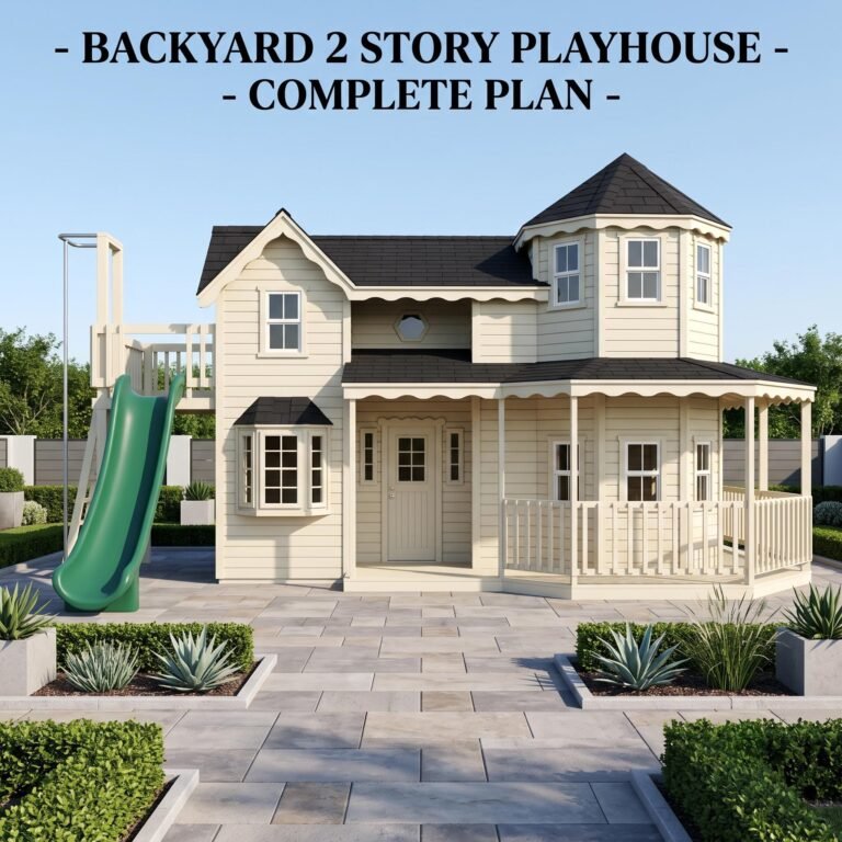Playhouse with Porch & Slide Plan | DIY Backyard Outdoor Playset Plan PDF | Wooden Kids Play Ho