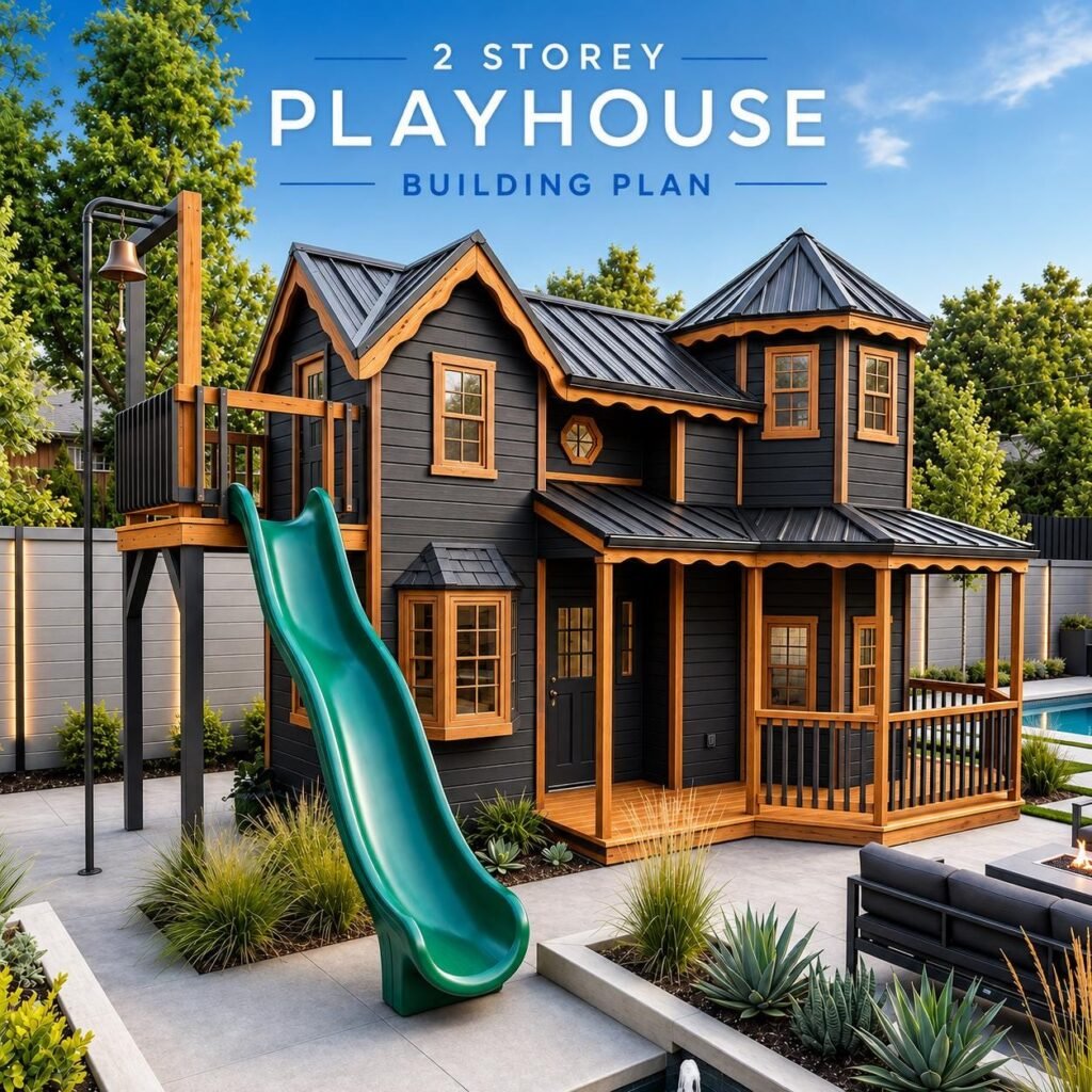 2 Story Cozy Playhouse with porch Plans, Kids Clubhouse with Swing, Backyard Fort Building Guid