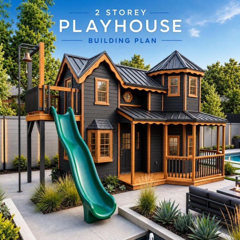 2 Story Cozy Playhouse with porch Plans, Kids Clubhouse with Swing, Backyard Fort Building Guid