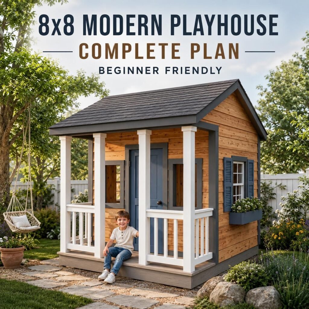 8X8 Playhouse with porch – gable roof playhouse with small deck- outdoor playground area woodwo