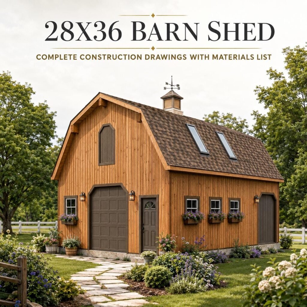 28×36 Barn Plans with Loft – Gambrel Roof Workshop storage shed Blueprints (PDF Download)