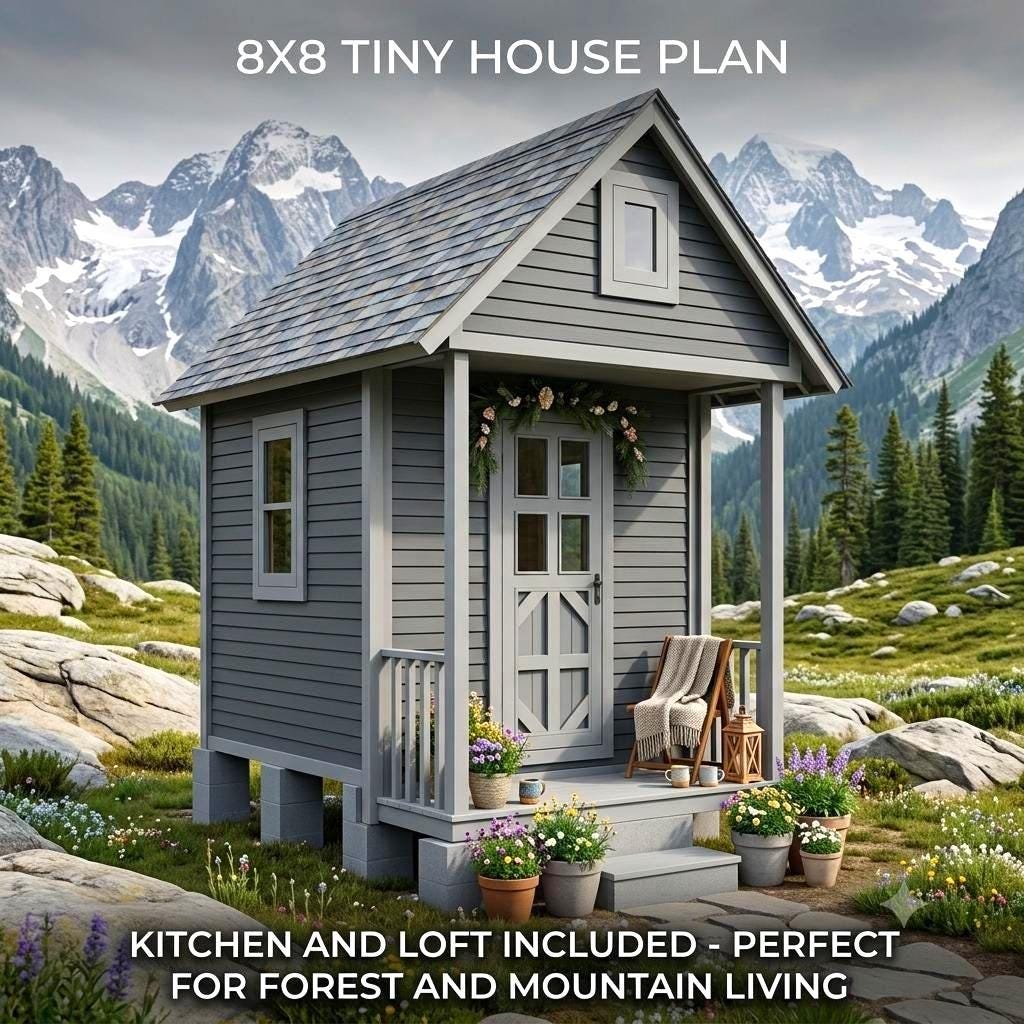 8×8 Micro Cabin Plans with Sleeping Loft | Tiny Home Blueprint Kitchen & Bath | Roll Out B